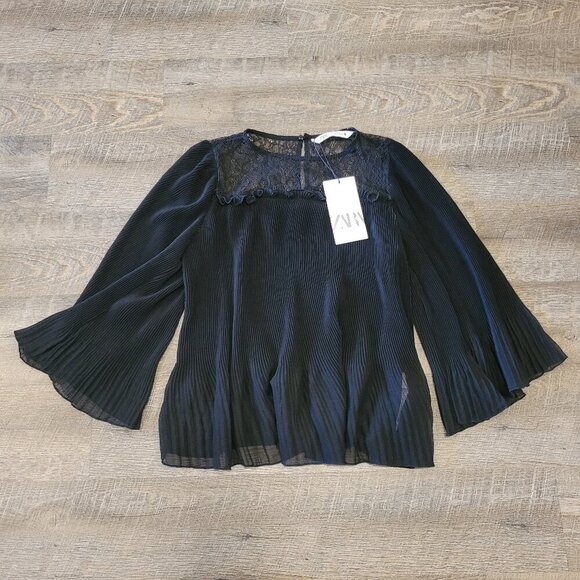 NWT ZARA | Pleated Sheer Lace Ruffle Blouse Top | Sz. XS - Picture 1 of 5